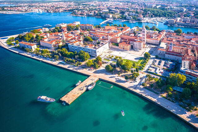 City of Zadar historic center and waterfront aerial panoramic view