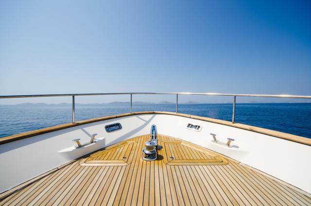 Wide angle shot of front of the yacht