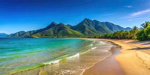 Tropical beach in North Queensland with mountains, blue waters, and clear sky , Port Douglas, Australia, beach