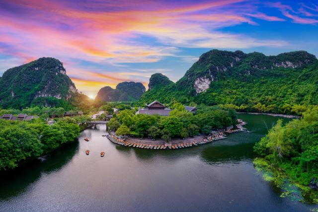 Aerial view of Trang An landscape at Ninh Binh, Vietnam.