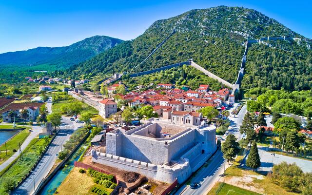 Town of Ston and historic walls aerial view